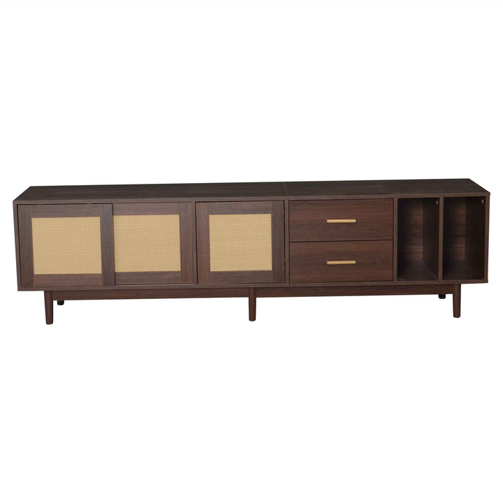 TV stand dark wood vintage look with rattan sliding doors & 2 drawers  INFINITERIF