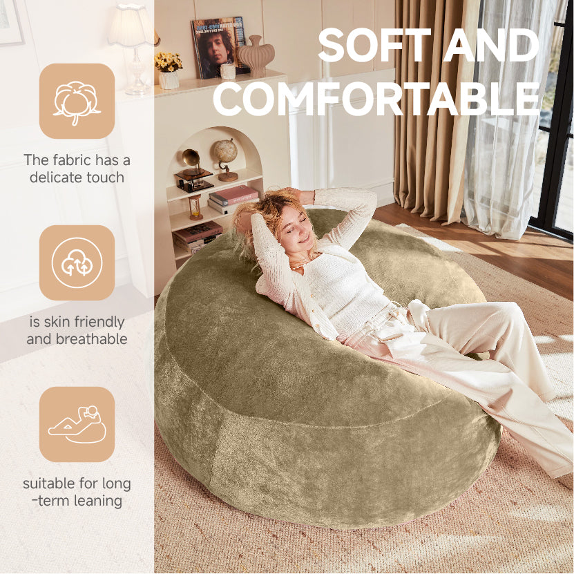 Giant beige round bean bag sofa with soft plush cover 150cm CRESCENTEON