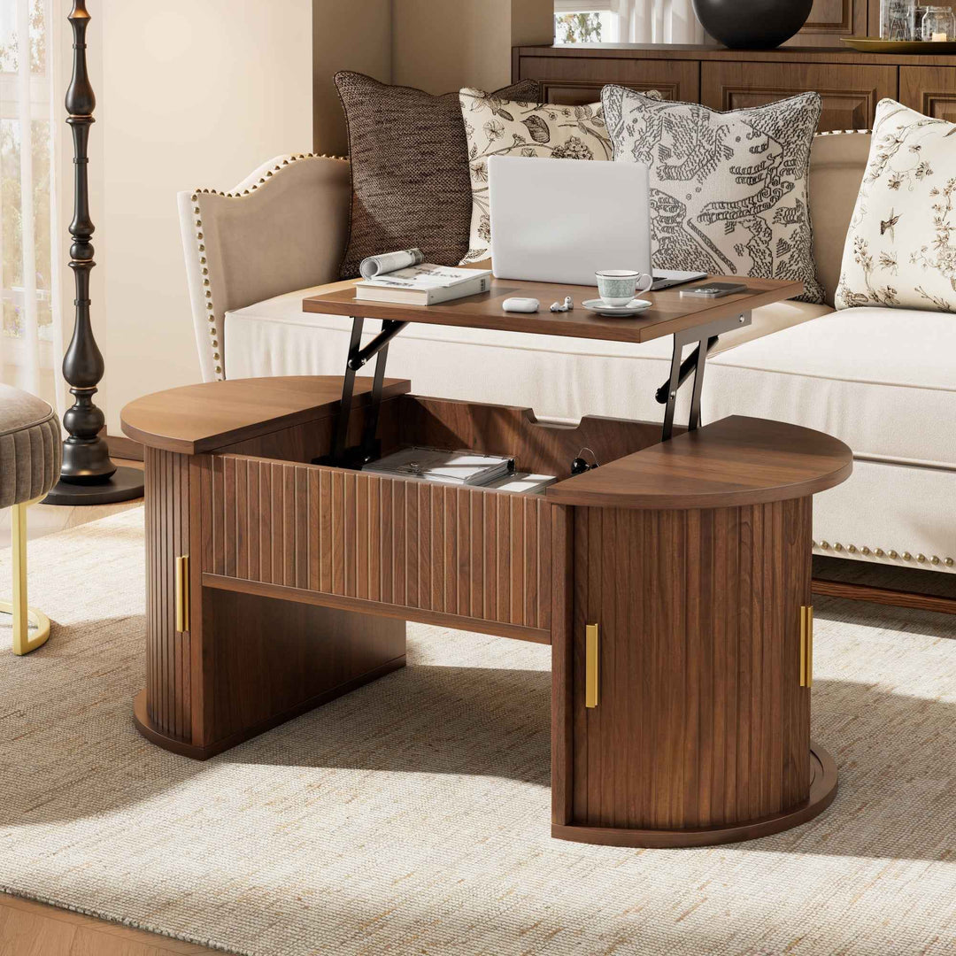 00+缺图 Retro Coffee Table 100cm Walnut MDF Lift-Top with Sliding Doors & Storage for Living Room TRUNKEDGE