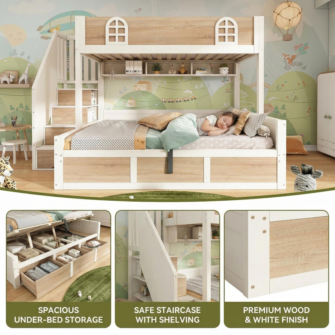 White wooden bunk beds with staircase and storage 90x190cm +135x190cm FOCUSIAL