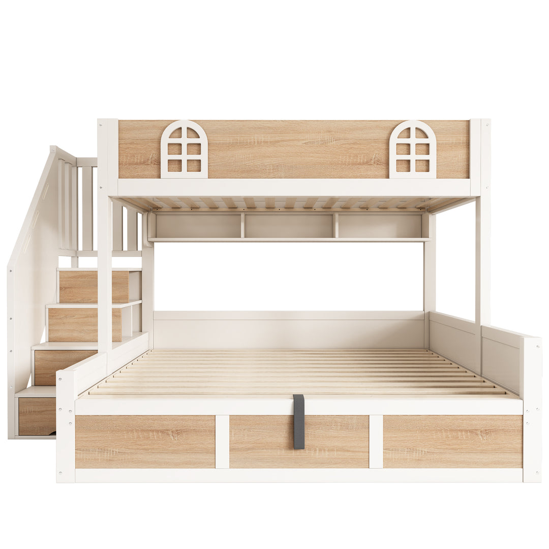 White wooden bunk beds with staircase and storage 90x190cm +135x190cm FOCUSIAL