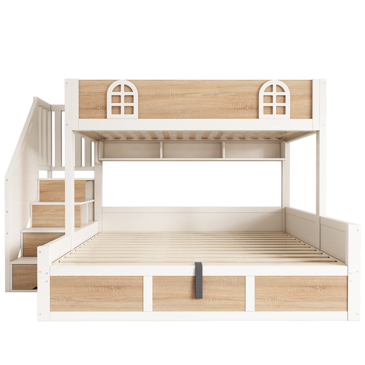 White wooden bunk beds with staircase and storage 90x190cm +135x190cm FOCUSIAL