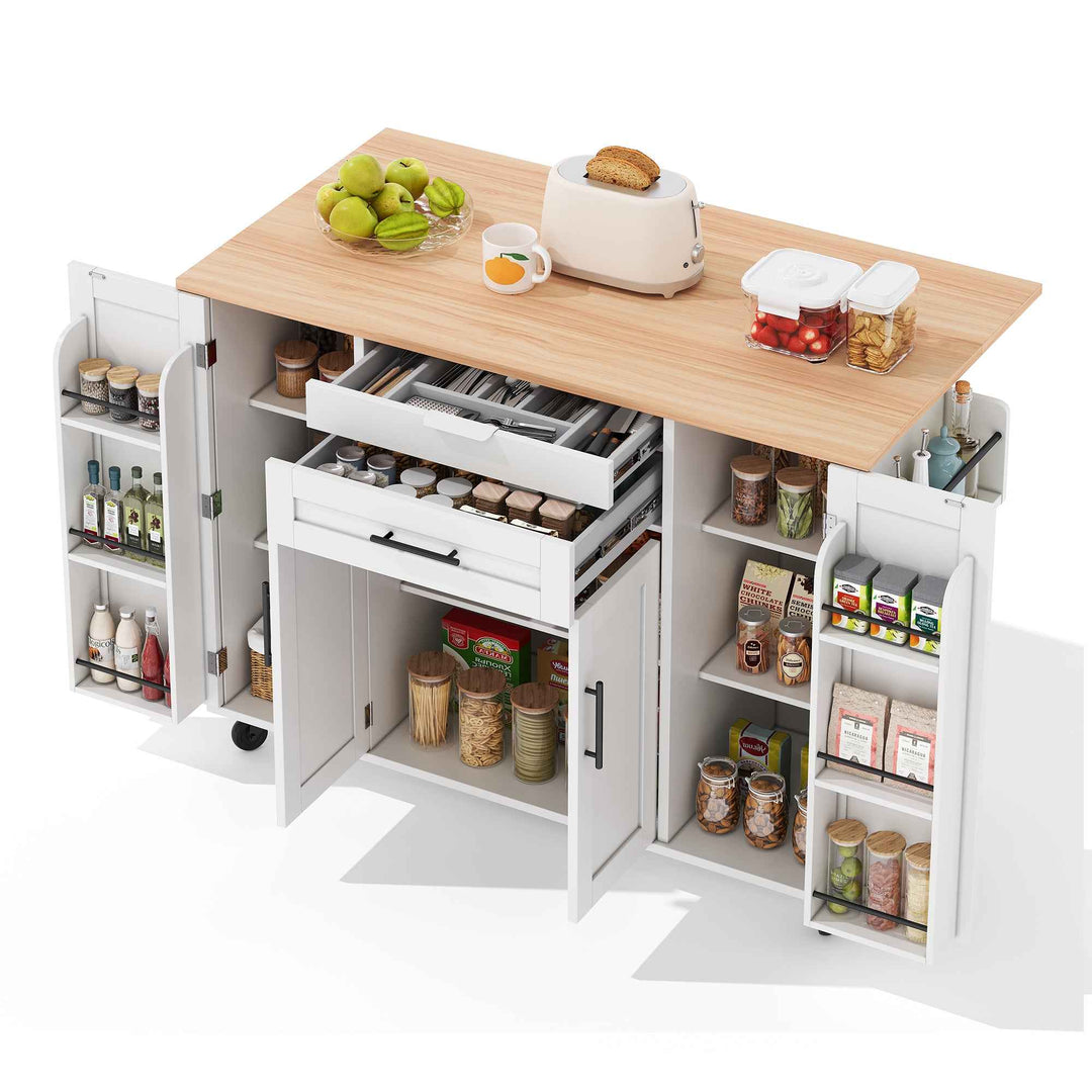 00+Kitchen Island on Wheels, White & Natural MDF, Foldable Tabletop, Adjustable Shelves, Storage Cabinets Rolling Trolley for Dining Room VERTEXZYR