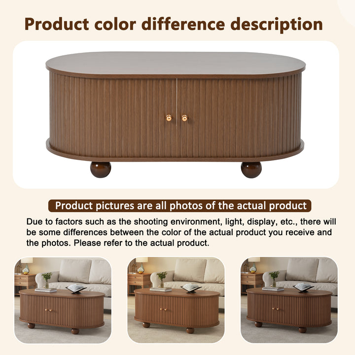 Retro wooden look oval coffee table with 2 sliding storage doors CUNEIFORMWEDGE