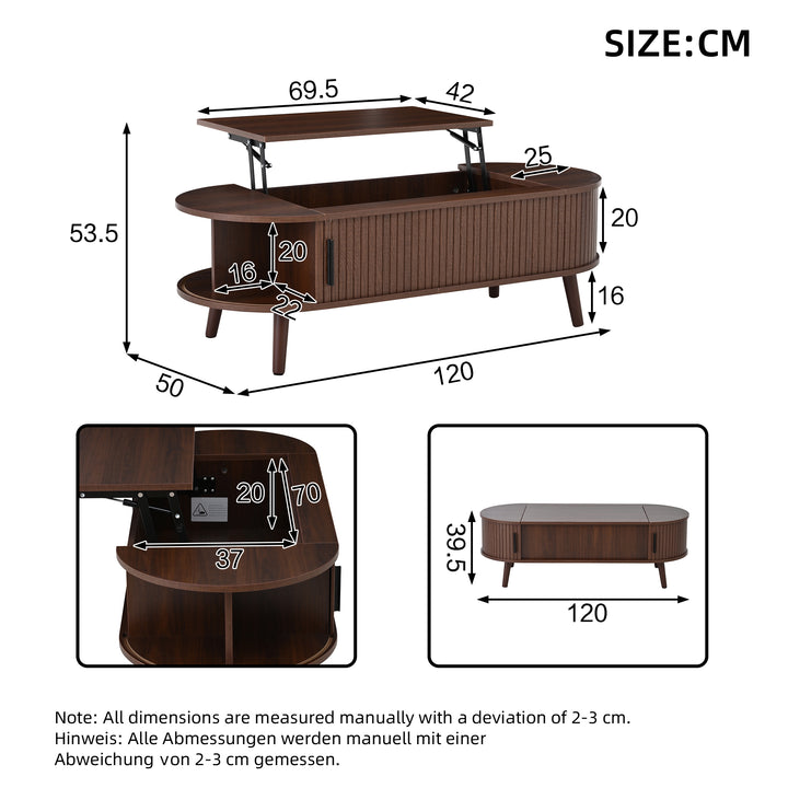 Lift Top Dark Wood Oval Coffee Table with Hidden Storage 120x50cm VASEEDGE