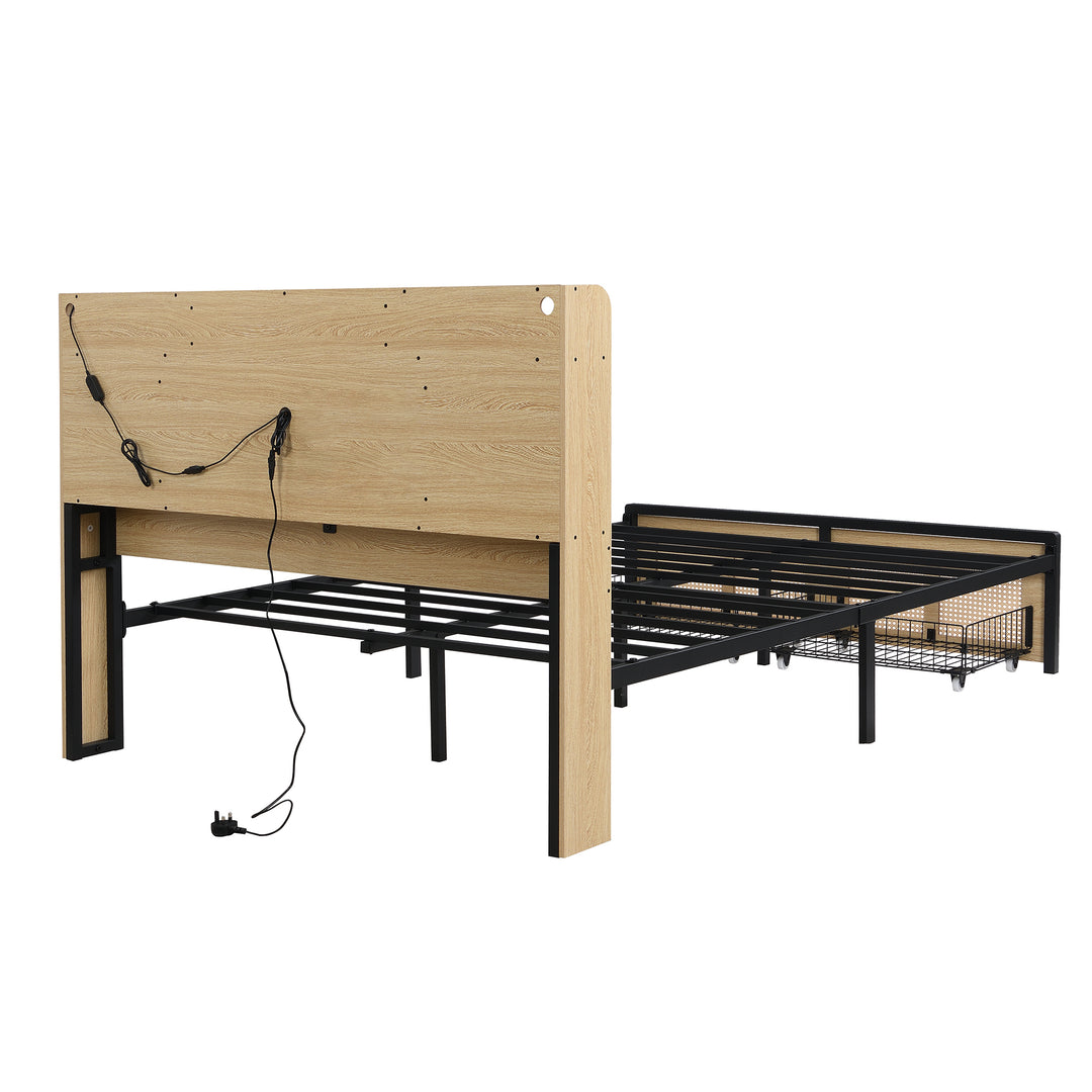 Wooden double bed with headboard storage, rattan drawer and LED lighting (135×190cm) HYDATHOD