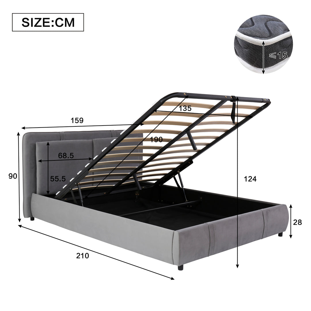 Upholstered velvet grey, hydraulic ottoman double bed with storage function 135×190cm KELPFROND