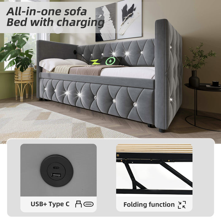 Grey velvet single upholstered guest day bed diamond design with trundle, USB charging STEKZEL GREY UK