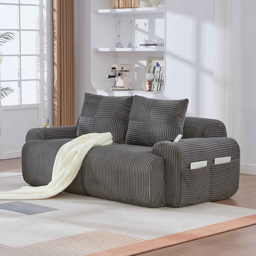Modular 2-Seater Corduroy Sofa Dark Grey, High-Density Foam, Cup Holders & Side Pockets, Space-Saving, Living Room Modern Style