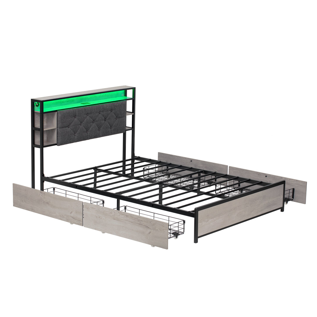Grey metal double bed frame shelves with LED lighting (135x190cm) PHYTOSID