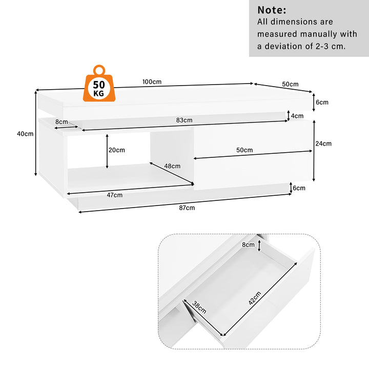 White high gloss coffee table with LED lights and storage 100 x 50 x 40 cm MAGNETOTAIL UK
