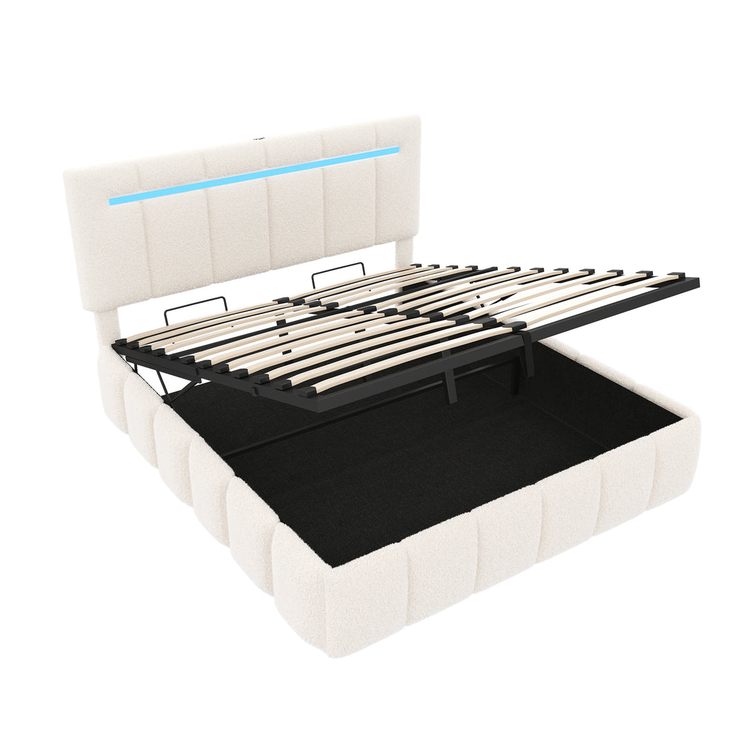 Upholstered beige boucle divan double bed with storage LED lights 135x190cm MAGMASWELL UK
