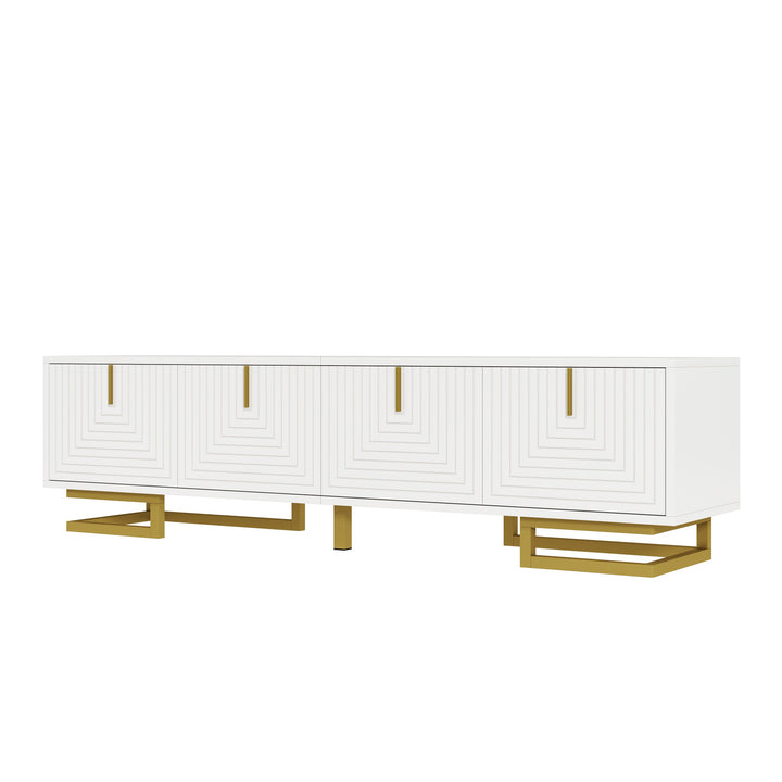 Modern luxury white TV stand textured geometric design with gold accents VIGOURE