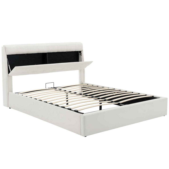 King size upholstered ottoman bed PU cream white, headboard storage 150x200cm