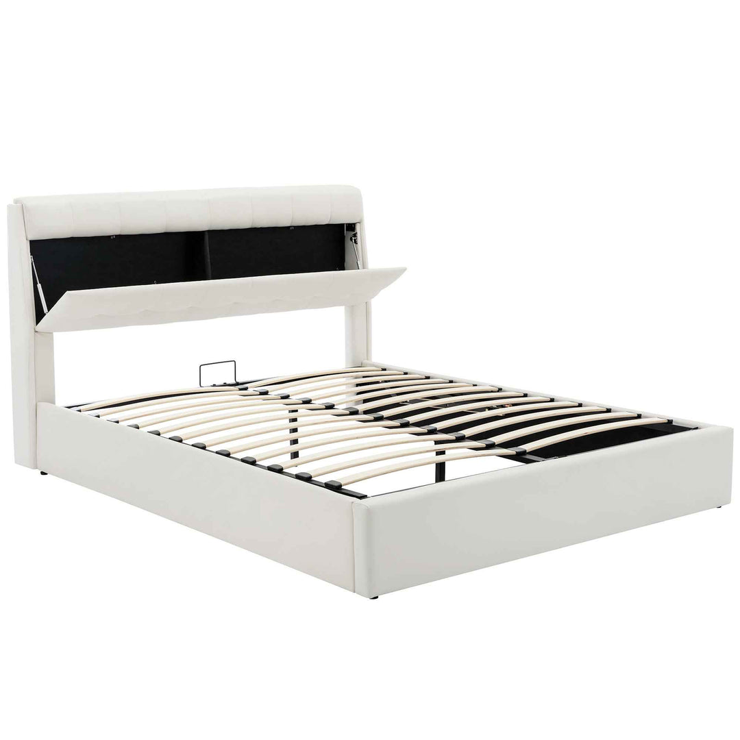 Double ottoman bed frame PU cream white headboard storage no mattress 135x190cm