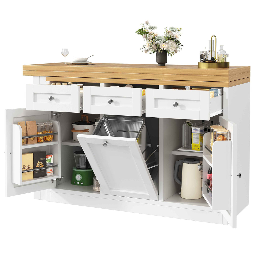 Extendable Bar Table with Storage, White MDF, 120–200cm, Space-Saving Fold-Out Dining Table with Drawer, Snack Tray & Pull-Out Bin Holder for Small Flats, Kitchens, Balconies
