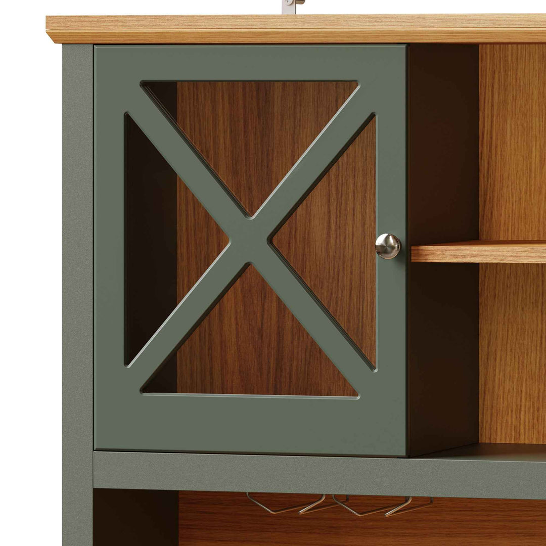 Kitchen hutche green cabinet glass doors LED lighting, wine rack, adjustable shelves