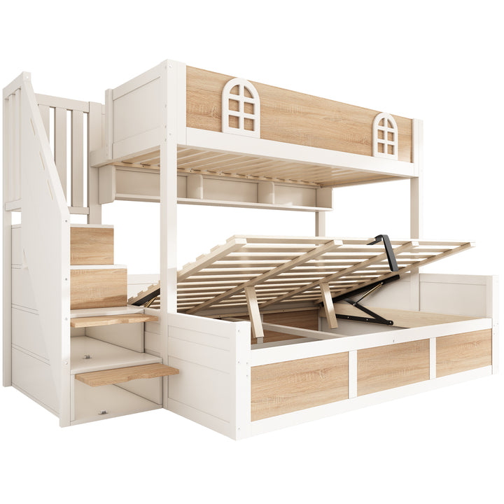 White wooden bunk beds with staircase and storage 90x190cm +135x190cm FOCUSIAL
