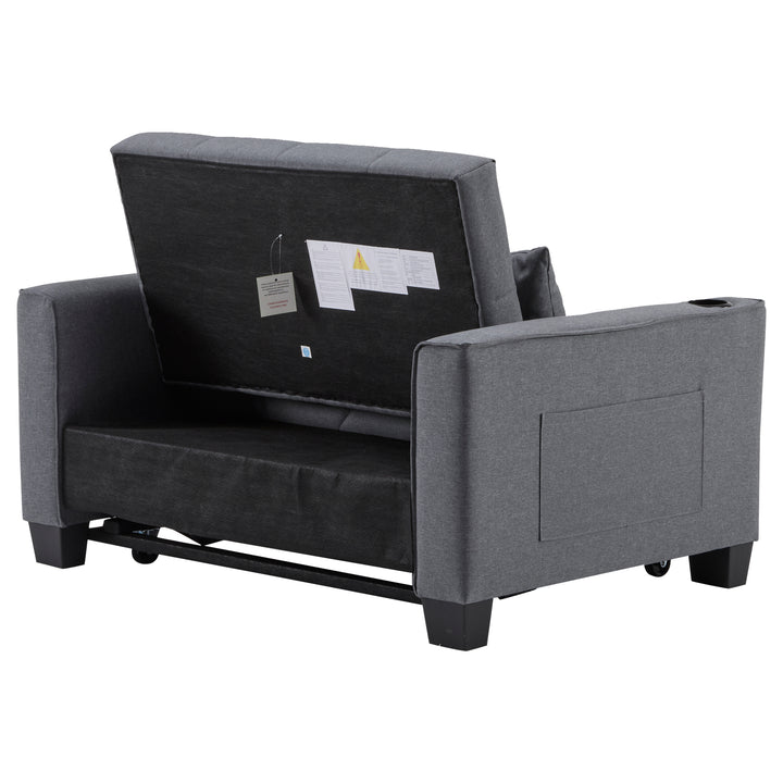 Gray fabric convertible 2-seater sofa bed pull-out design, adjustable backrest, and storage FROSTSTONE