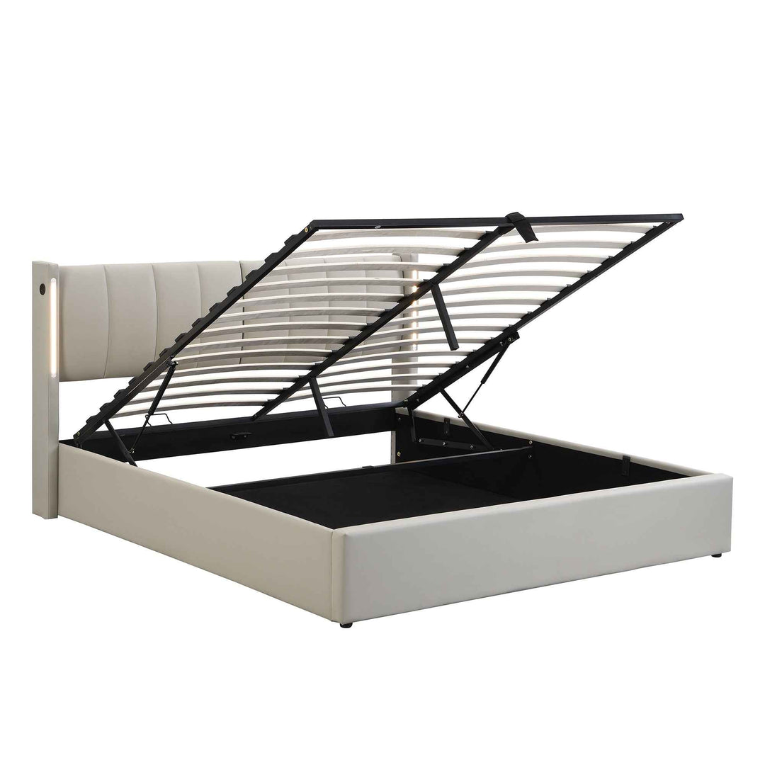 Super king size ottoman bed PU light grey with LED, USB ports, adjustable headboard 180x200cm INFINITEKAELIS