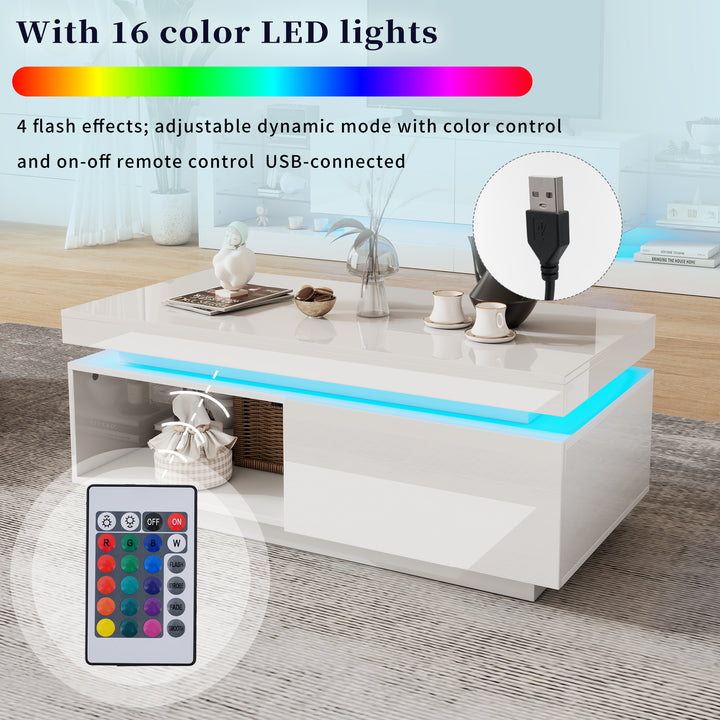 White high gloss coffee table with LED lights and storage 100 x 50 x 40 cm MAGNETOTAIL UK