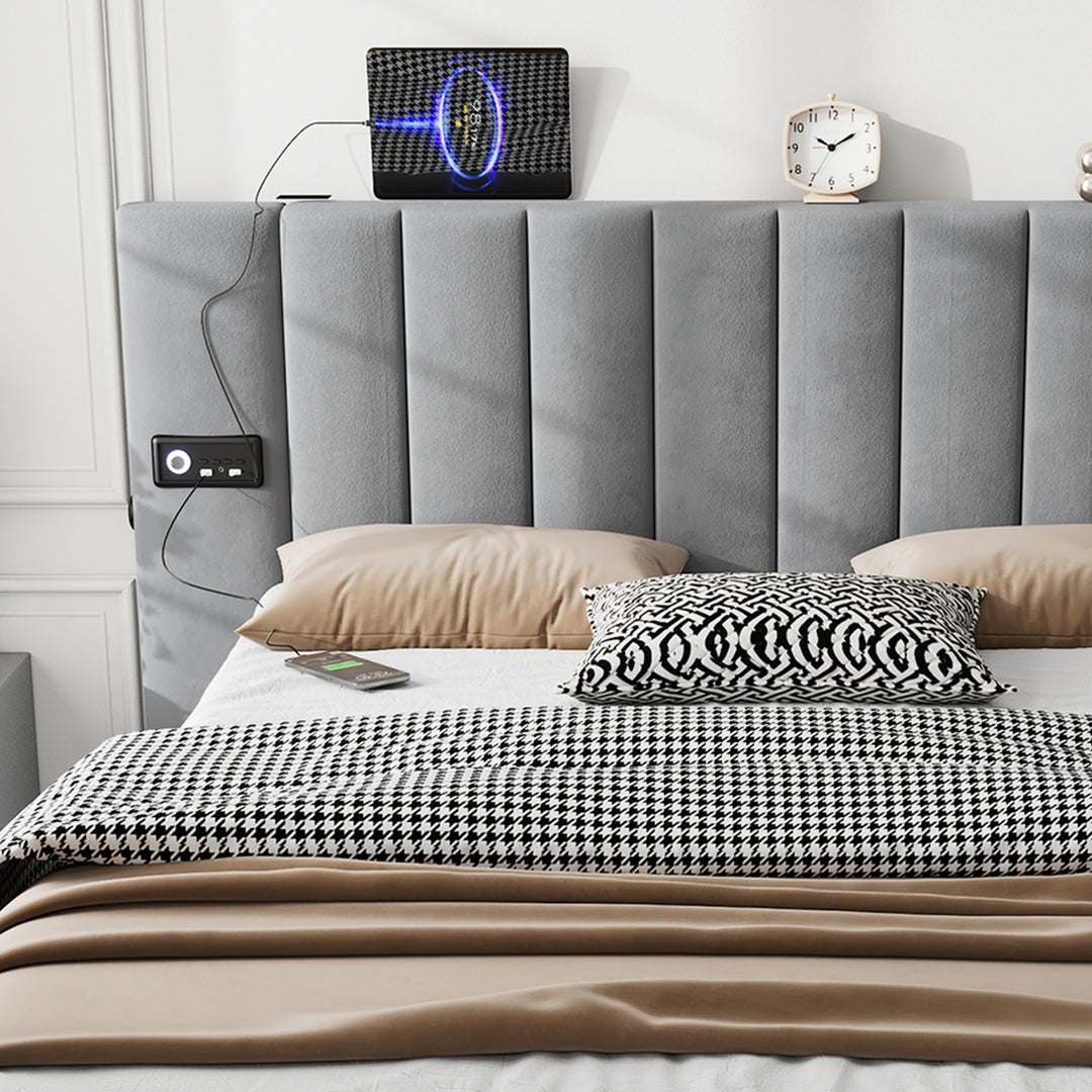 Upholstered velvet grey king bed with sound stereo, lamps and charging ports 150x200cm PNEUMATOPHORE UK