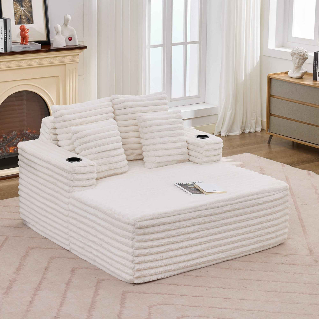 00+缺图 Chaise Lounge Sofa Bed, White Plush Faux Fur Foam Convertible Sleeper with 2 Pillows URBANWOODMAX