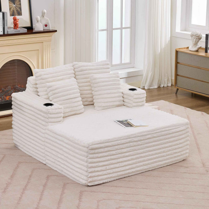 00+缺图 Chaise Lounge Sofa Bed, White Plush Faux Fur Foam Convertible Sleeper with 2 Pillows URBANWOODMAX