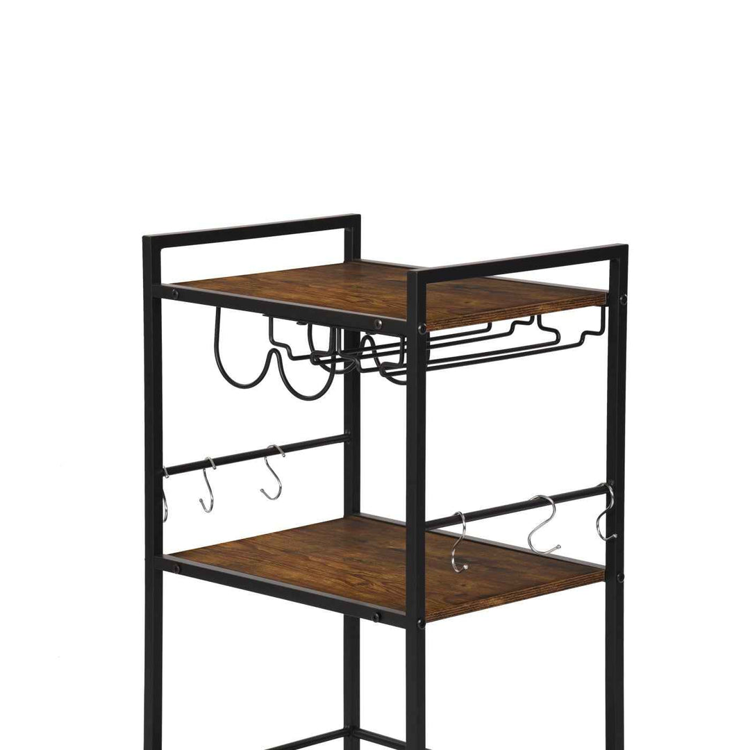 Dining Cart with Wine Rack, 43x33x84cm, Wood & Black Steel, 2-Tier, 6 Hooks, Mobile Bar Trolley for Kitchen & Living Room LOKI CART