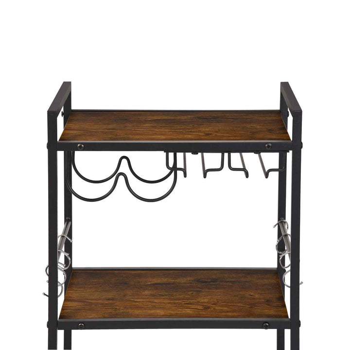 Dining Cart with Wine Rack, 43x33x84cm, Wood & Black Steel, 2-Tier, 6 Hooks, Mobile Bar Trolley for Kitchen & Living Room LOKI CART
