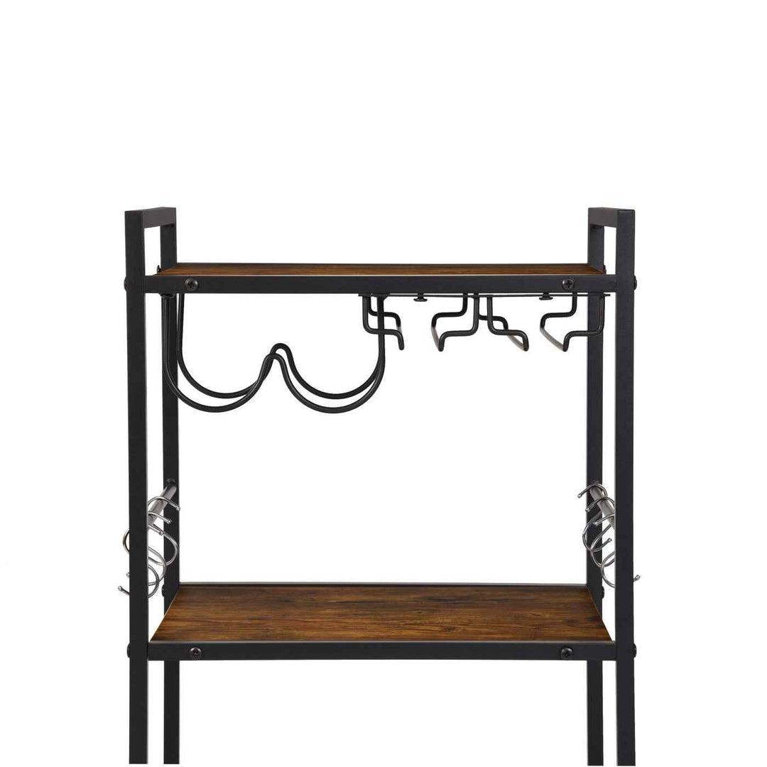 Dining Cart with Wine Rack, 43x33x84cm, Wood & Black Steel, 2-Tier, 6 Hooks, Mobile Bar Trolley for Kitchen & Living Room LOKI CART
