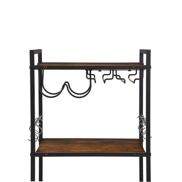 Dining Cart with Wine Rack, 43x33x84cm, Wood & Black Steel, 2-Tier, 6 Hooks, Mobile Bar Trolley for Kitchen & Living Room LOKI CART