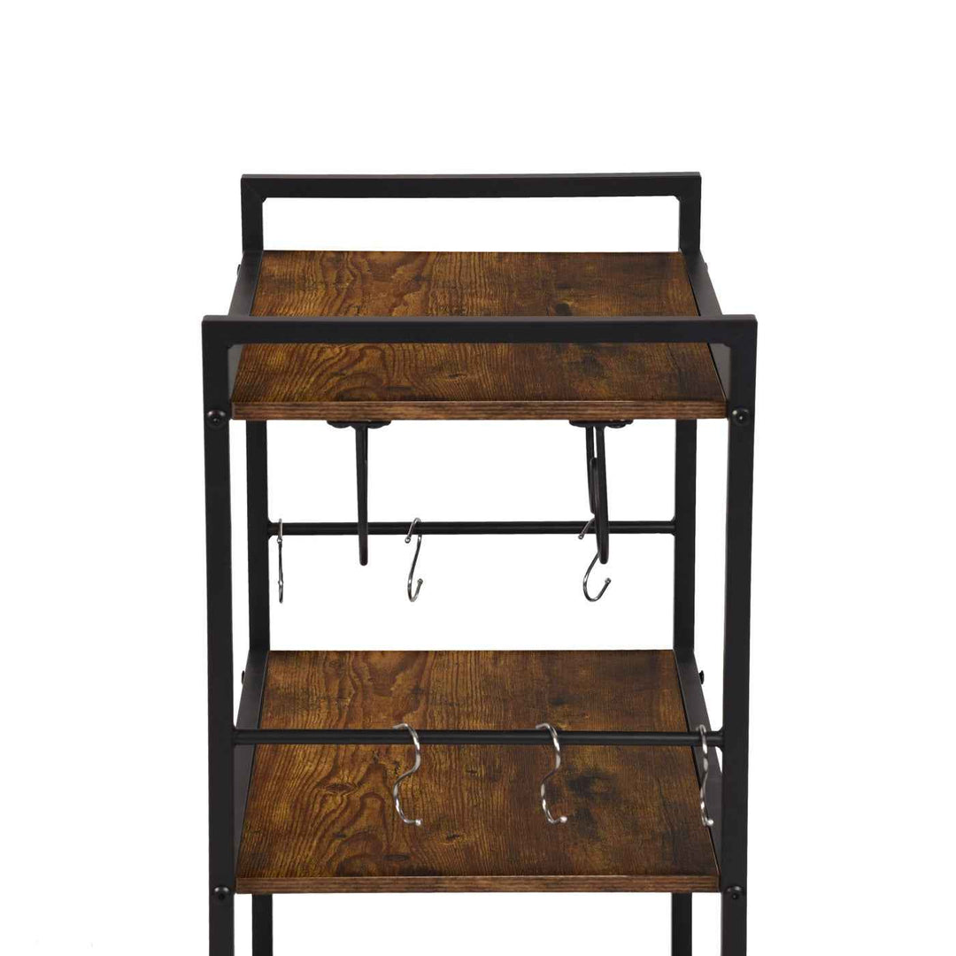 Dining Cart with Wine Rack, 43x33x84cm, Wood & Black Steel, 2-Tier, 6 Hooks, Mobile Bar Trolley for Kitchen & Living Room LOKI CART