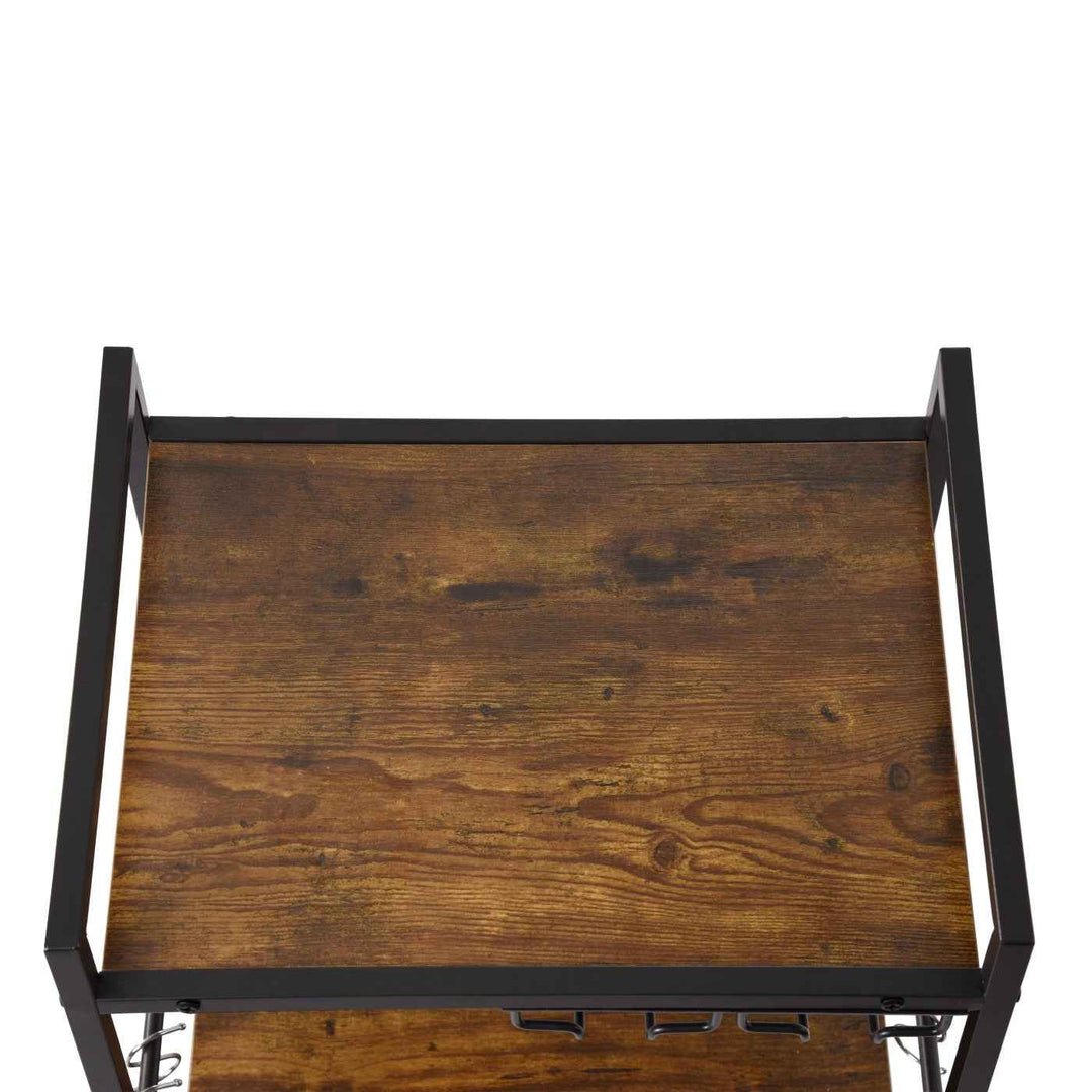 Dining Cart with Wine Rack, 43x33x84cm, Wood & Black Steel, 2-Tier, 6 Hooks, Mobile Bar Trolley for Kitchen & Living Room LOKI CART