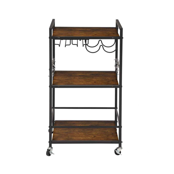 Dining Cart with Wine Rack, 43x33x84cm, Wood & Black Steel, 2-Tier, 6 Hooks, Mobile Bar Trolley for Kitchen & Living Room LOKI CART