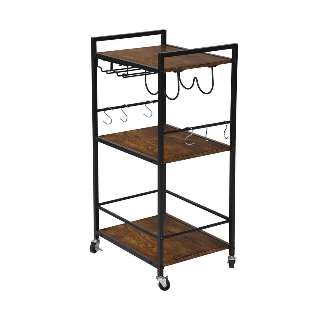 Dining Cart with Wine Rack, 43x33x84cm, Wood & Black Steel, 2-Tier, 6 Hooks, Mobile Bar Trolley for Kitchen & Living Room LOKI CART