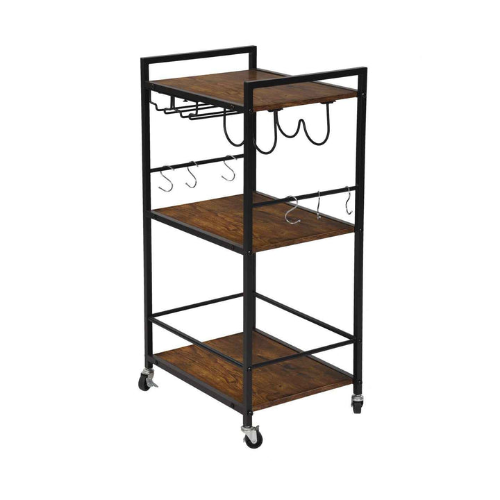 Dining Cart with Wine Rack, 43x33x84cm, Wood & Black Steel, 2-Tier, 6 Hooks, Mobile Bar Trolley for Kitchen & Living Room LOKI CART