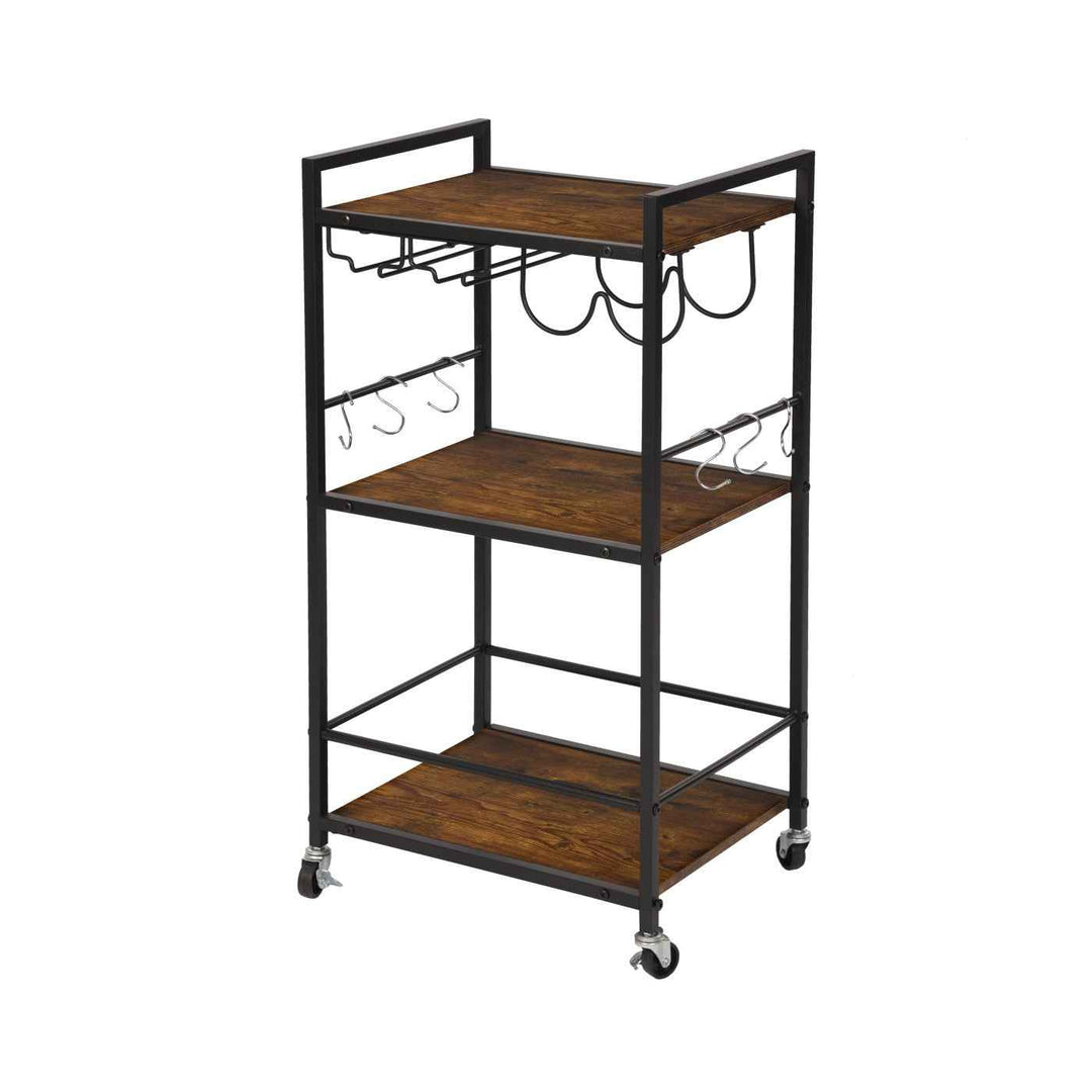 Dining Cart with Wine Rack, 43x33x84cm, Wood & Black Steel, 2-Tier, 6 Hooks, Mobile Bar Trolley for Kitchen & Living Room LOKI CART