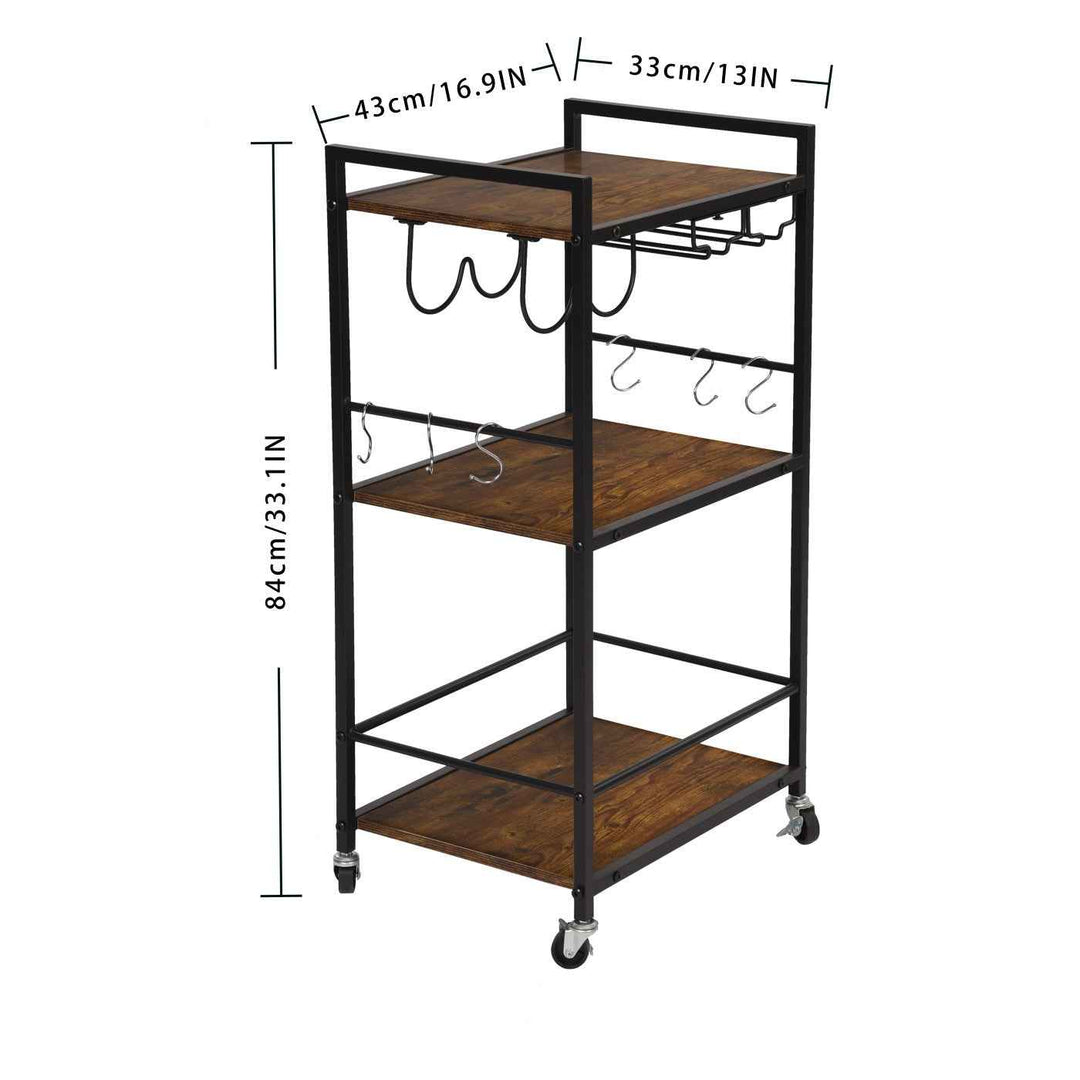 Dining Cart with Wine Rack, 43x33x84cm, Wood & Black Steel, 2-Tier, 6 Hooks, Mobile Bar Trolley for Kitchen & Living Room LOKI CART