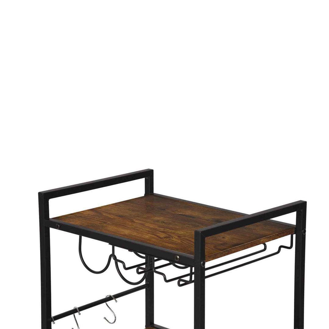 Dining Cart with Wine Rack, 43x33x84cm, Wood & Black Steel, 2-Tier, 6 Hooks, Mobile Bar Trolley for Kitchen & Living Room LOKI CART