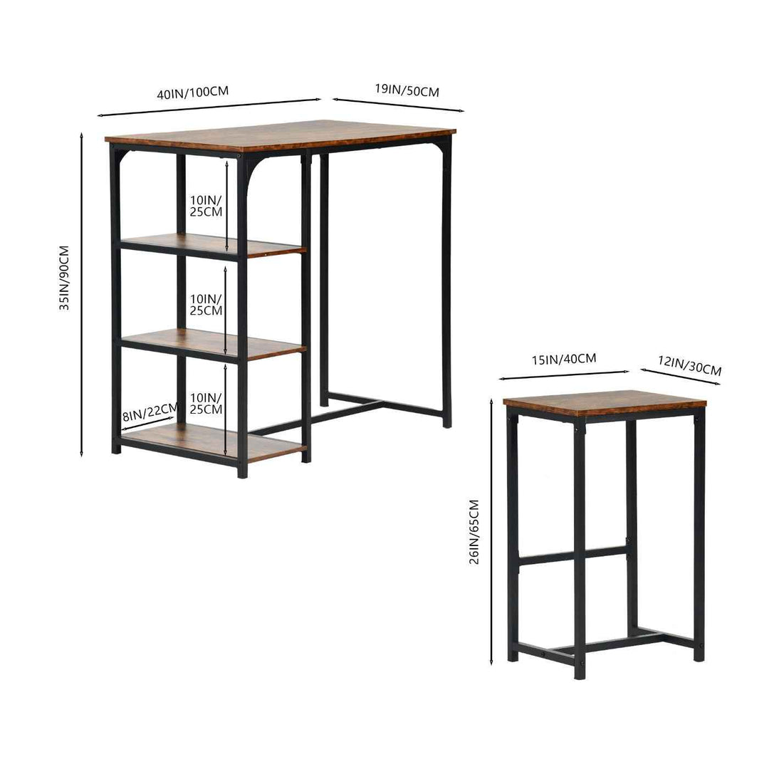 Bar Table and 2 Stools Set, 100x50x90cm, Black Metal & Fire Pattern Board, Space Saving HOLLY 100 CRIMSO