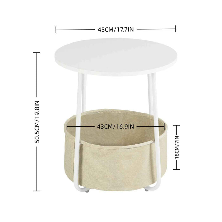 Modern Side Table White 45x45x50.5cm with Beige Linen Storage, for Living Room Bedroom TILLA END TABLE WHITE