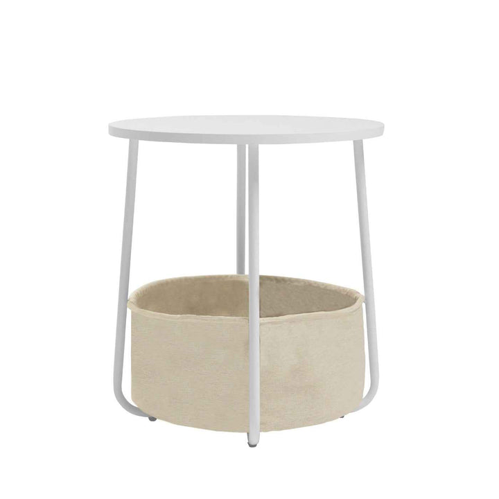 Modern Side Table White 45x45x50.5cm with Beige Linen Storage, for Living Room Bedroom TILLA END TABLE WHITE