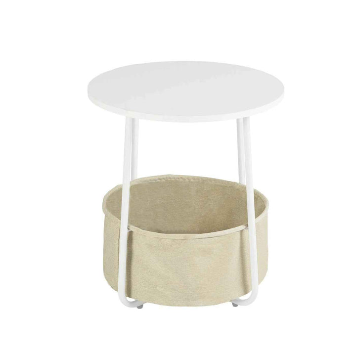 Modern Side Table White 45x45x50.5cm with Beige Linen Storage, for Living Room Bedroom TILLA END TABLE WHITE