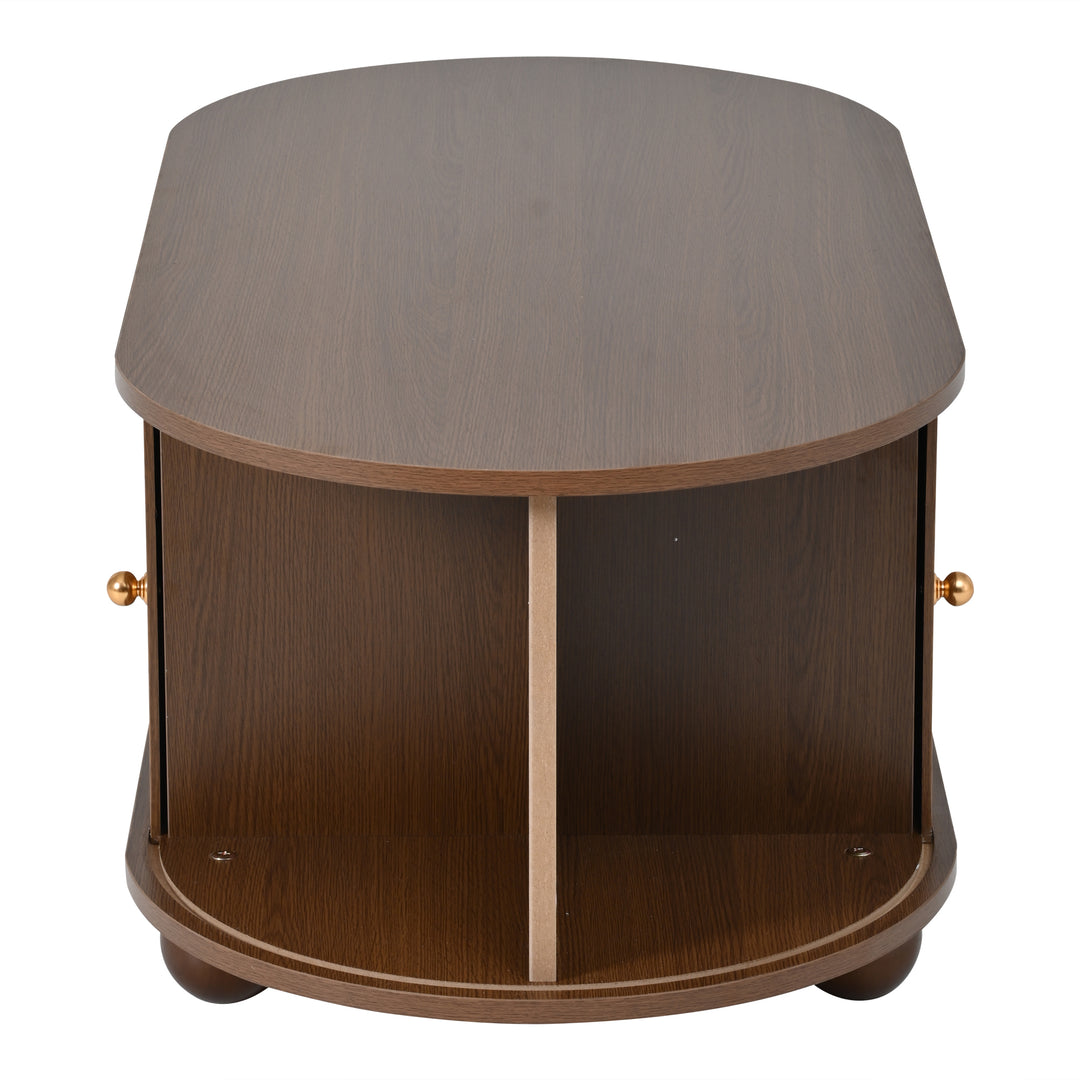 Retro wooden look oval coffee table with 2 sliding storage doors CUNEIFORMWEDGE