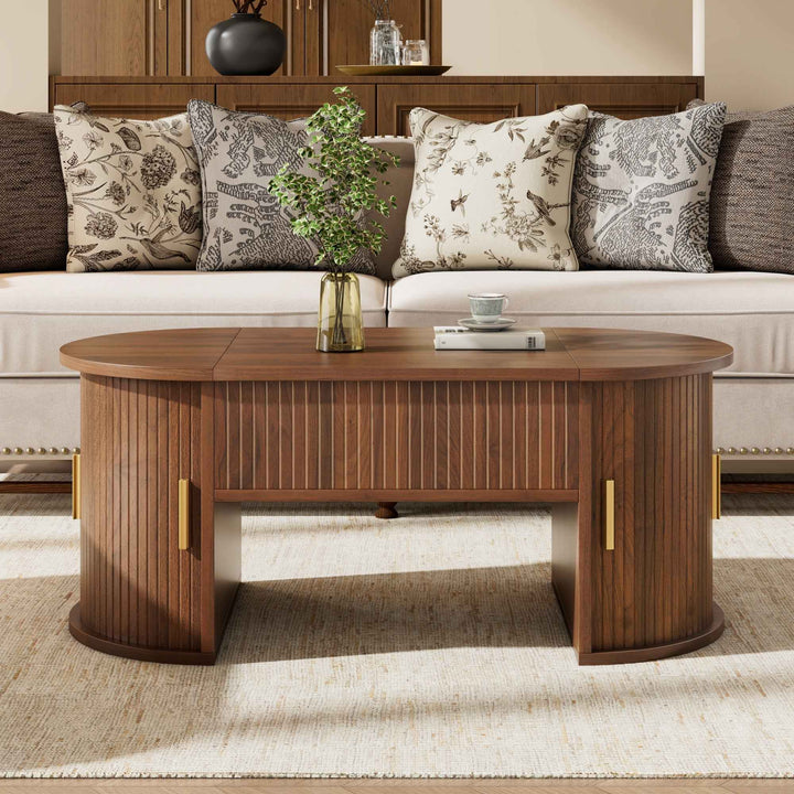 00+缺图 Retro Coffee Table 100cm Walnut MDF Lift-Top with Sliding Doors & Storage for Living Room TRUNKEDGE