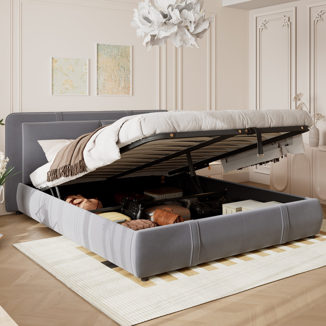 Upholstered velvet grey, hydraulic ottoman double bed with storage function 135×190cm KELPFROND