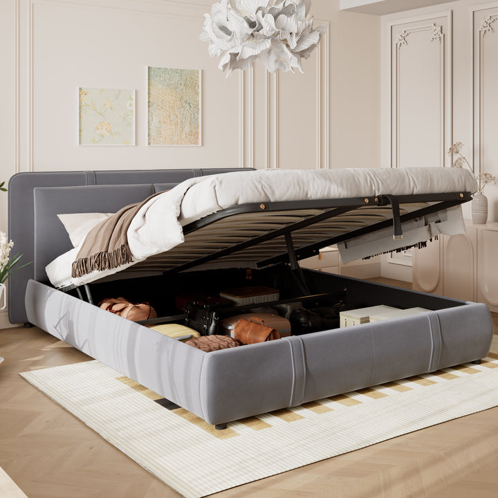 Upholstered velvet grey, hydraulic ottoman double bed with storage function 135×190cm KELPFROND
