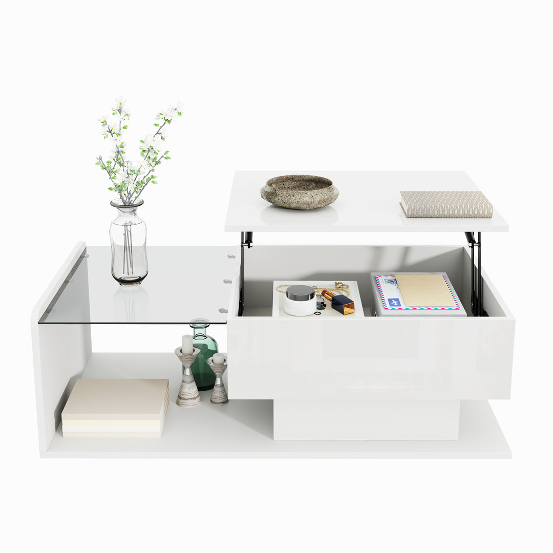 White high-gloss rectangular coffee table and LED lighting with glass top LUNG