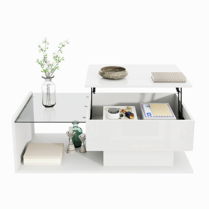 White high-gloss rectangular coffee table and LED lighting with glass top LUNG